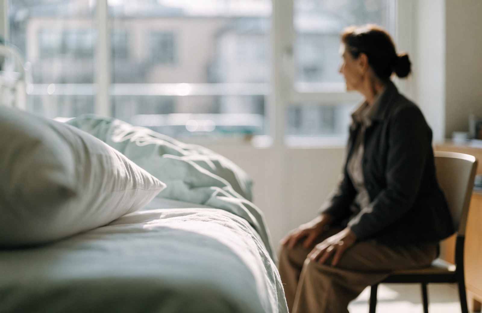 Pflegebeistand am Bett einer älteren Patientin, ruhige Situation im Tageslicht